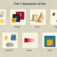 7 عنصر هنر: خط، شکل، فرم، فضا، بافت، ارزش، رنگ.