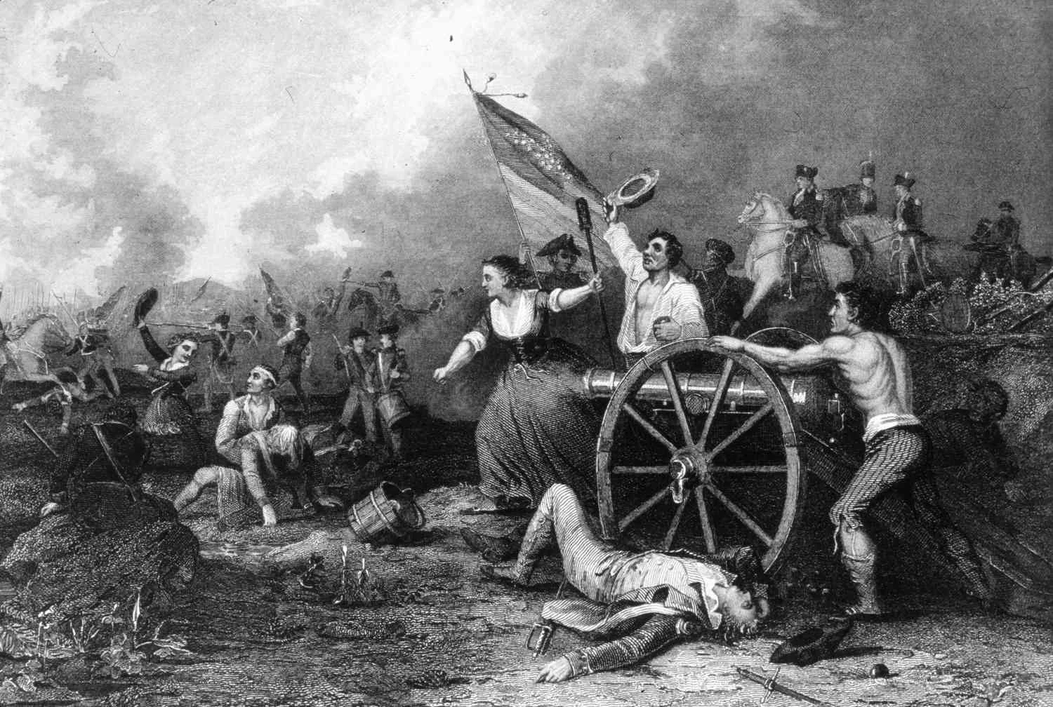 Molly Pitcher در حال کمک به تمیز کردن و بارگیری توپ جنگی در نبرد Monmouth.