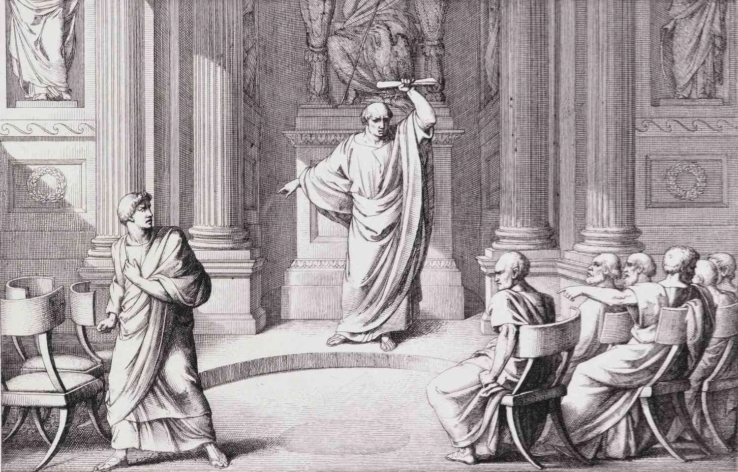سیسرو در حال محکوم کردن کاتیلینا، حکاکی شده توسط B. Barloccini، 1849