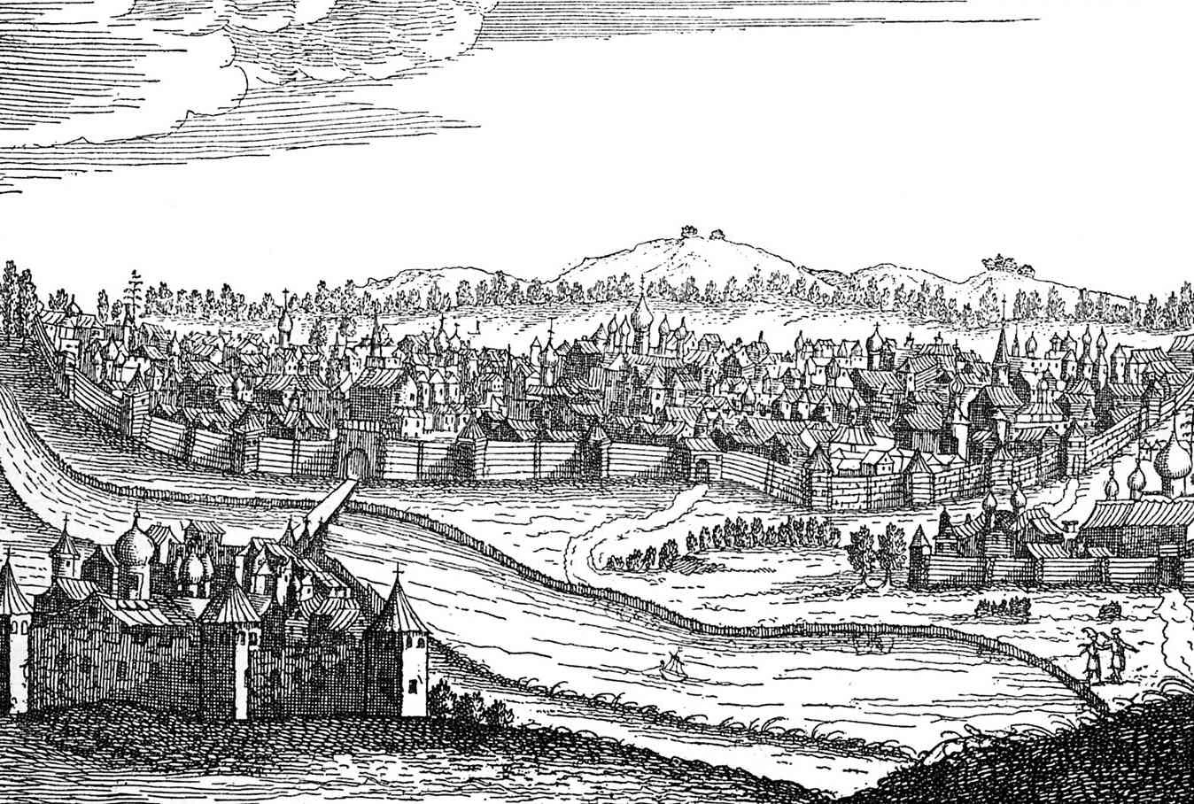 تصویری از خانه&zwnj;های چوبی وایکینگ&zwnj;ها در نووگورود بزرگ، روسیه، در آن سوی رودخانه وُلخوف