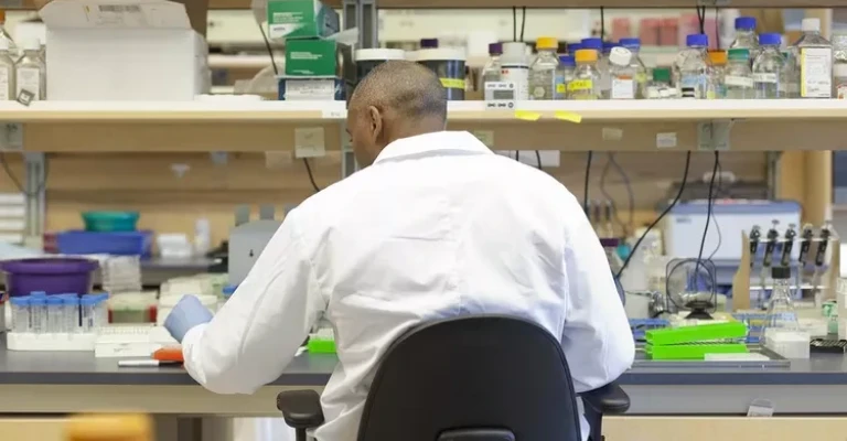 تکنسین آزمایشگاه مرد در حال تحقیق